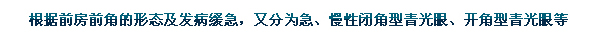 根據前房前角的形態(tài)及發(fā)病緩急，又分為急、慢性閉角型青光眼、開(kāi)角型青光眼等。